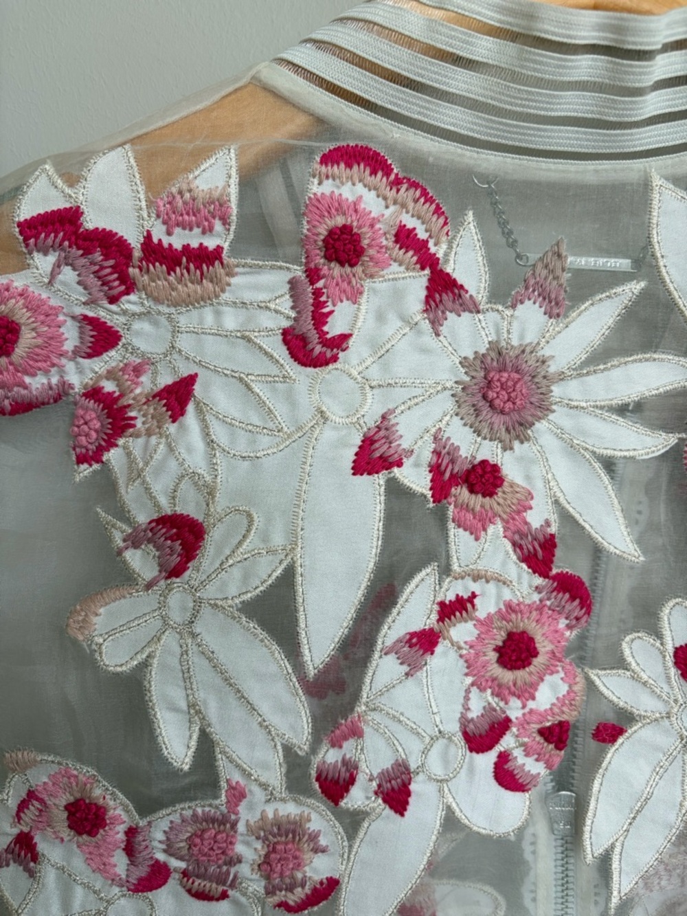 Elie Tahari Sheer Floral Embroidered Bomber Jacket - White & Pink - Picture 9 of 13